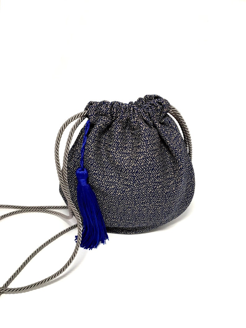 Unique Blue Bucket Bag With Tassel, Zero Waste Recycled Purse, Boho Bag