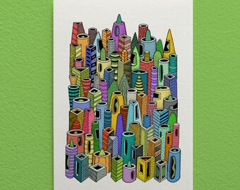 Fine Art Print, Abstract Wall Art, Line Art, Quirky Illustration, Colourful Wall Decor, 'Pottyville'.