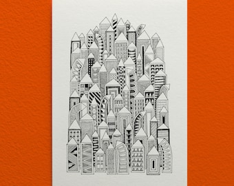 Fine Art Print, Abstract Wall Art, Line Art, Quirky Illustration, Black & White Art, 'Skyscraper'.