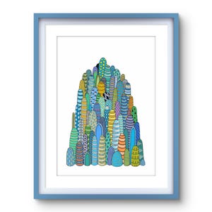 May include: A framed print of a colorful abstract design featuring a cluster of blue, green, yellow, and orange shapes resembling a mountain range.