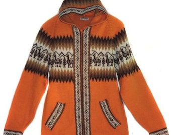 Orange Hooded Alpaca Sweater Hippie Style - SW045 (Made in Peru)