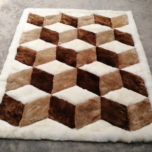 Baby Alpaca Fur Rug. Brown & White. Cube Design. Soft Fur Handmade in Peru.