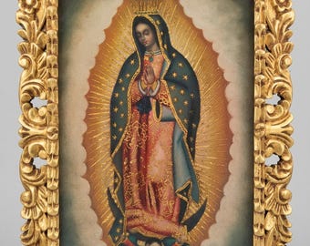 Cuzco School Oil Painting - Our Lady of Guadalupe - 21st Century Hand-Painted Art - Gold Leaf Brocade - Gilded Wood Frame - Mexican Icon
