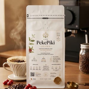 Puede incluir: Una bolsa de café rectangular blanca etiquetada como Cafe PekePiki Geisha 100% Arabica Organico. El empaque cuenta con una lengüeta, cierre tipo cremallera y texto detallado sobre el café de especialidad. Un sello de cera dorada en la esquina.
