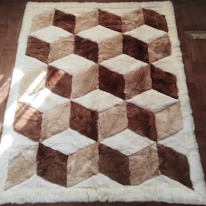 Baby Alpaca Fur Rug. Brown & White. Cube Design. Soft Fur Handmade in Peru.