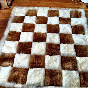 Baby Alpaca Fur Rug, Chess Board Design (New). Several Sizes. Handmade in Peru.