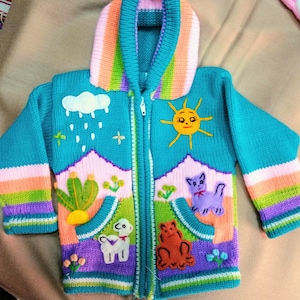 Child&#39;s Arpillera Handmade Peruvian Sweater Hooded. (Cian)