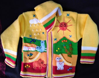 Child's Arpillera Handmade Peruvian Sweater Hooded. (Yellow)