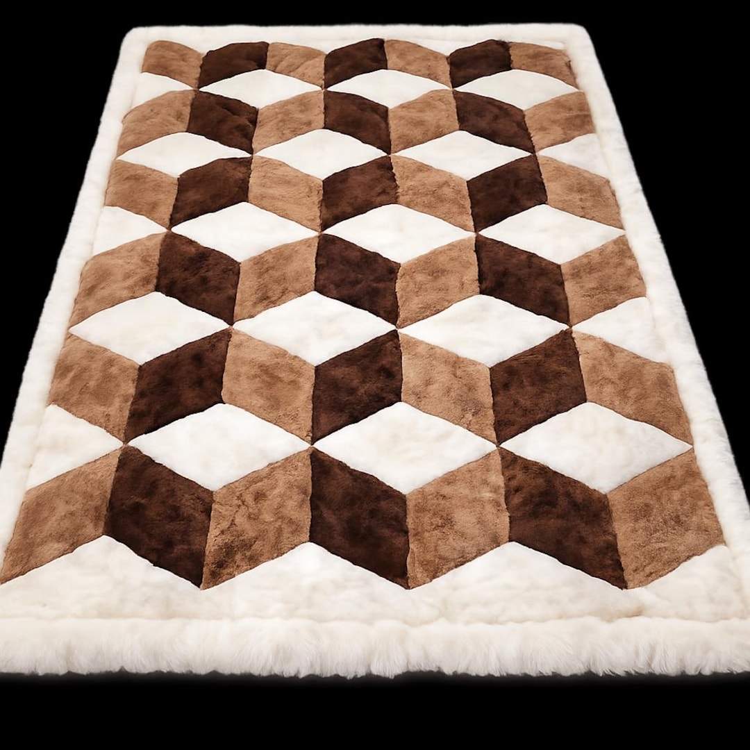 Baby Alpaca Fur Rug. Brown & White. Cube Design. Soft Fur Handmade in ...