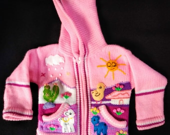 Child's Arpillera Handmade Peruvian Sweater Hooded. (Pink)