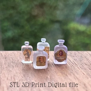 May include: Four miniature glass bottles with labels and stoppers. The bottles are clear and have a slightly frosted appearance. The labels are printed with vintage-style designs and text.