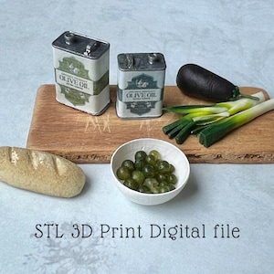 May include: Miniature kitchen scene with two olive oil cans, a loaf of bread, a bowl of green olives, green onions, and an eggplant on a wooden cutting board. The cans have olive oil labels. The text "STL 3D Print Digital file" is at the bottom.