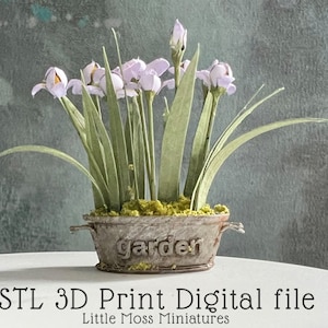 Op de afbeelding: Een 3D-printbaar STL-bestand voor een miniatuur plant in een pot met paarse bloemen en groene bladeren. De pot is een rustieke metalen pot met het woord "tuin" erop.