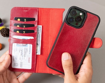 Red iPhone 13 14 Pro Max Wallet Case Women, iPhone 14 Plus Leather Case ID Window, iPhone 13 Pro Max Mini MagSafe Case, 2 in 1 Magnetic Case