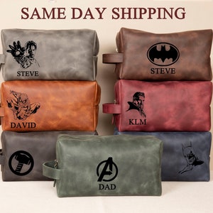 Personalized SuperHero Gifts Son, SuperHero Engraved Gift for Men, Leather Dopp Kit Bag Logo, Fathers Day Gift for Him, Anniversary Gift Him