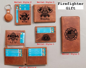 Leather Wallet Valentines Day Gift for Fireman, Personalized Firefighter Gift, Firefighter Husband Dad Wallet, US Firefighter Monogram Gift