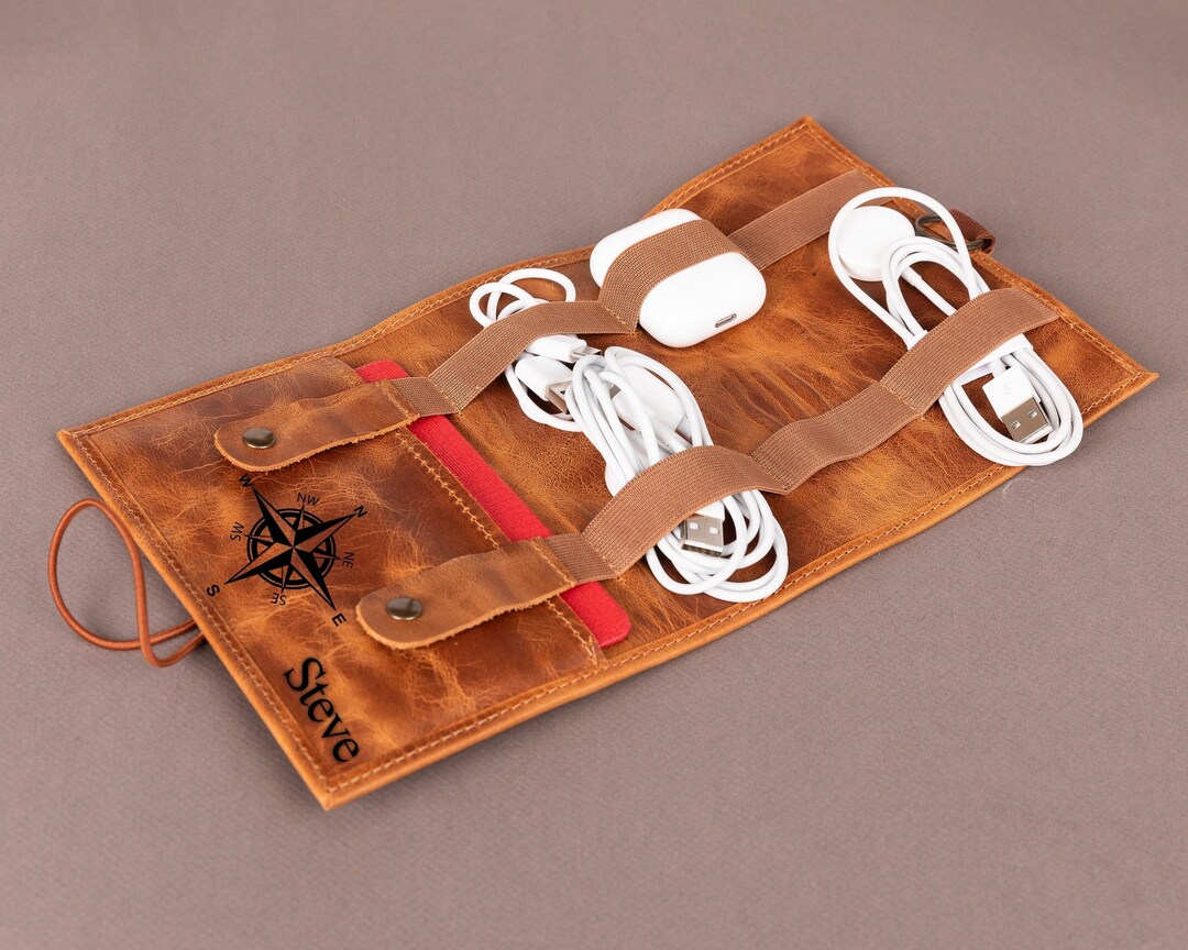 Personalized Leather Cable Organizer, Travel Tech Cord Organizer Bag, Birthday Gift Boyfriend