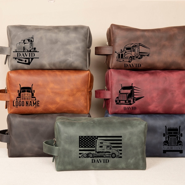 Custom Truck Drivers Retirements Gift, Personalized Leather Toiletry Bag Mens, Fathers Day Gift for Truck Driver, Travel Bag for Dad Father