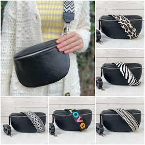 Bauchtasche Damen Schwarz, Crossbody Bag Tasche breitem Gurt, Umhängetaschen Damen Leder, Schultertasche Frauen, Gürteltasche, Hüfttasche