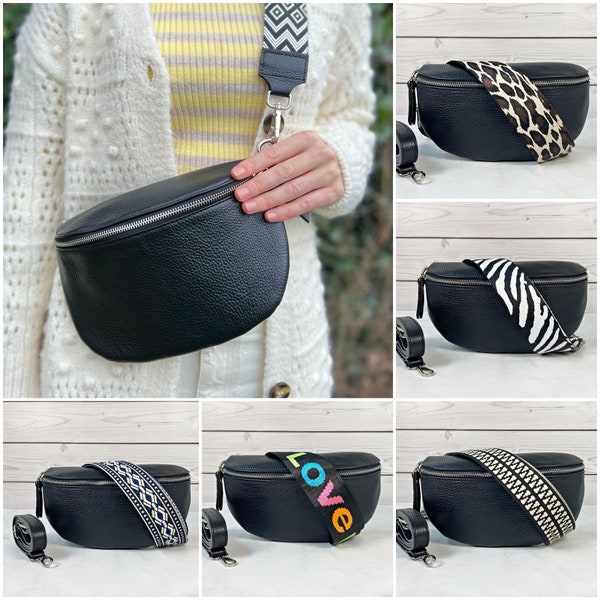 Sac bandoulière en cuir noir pour femme avec 2 sangles, sac banane à motif avec bandoulière, sac à bandoulière, sac ventre, sac banane, sac à bandoulière, sac banane