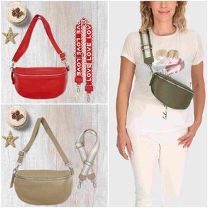 May include: Two different styles of leather fanny packs with adjustable straps. The first fanny pack is red with a white strap that says "LOVE LOVE LOVE" in red letters. The second fanny pack is beige with a white and beige striped strap.