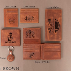 May include: A collection of tan brown leather wallets and accessories, including a card wallet, card holder, long wallet, bifold wallet, bifold ID wallet, and an airtag. Each item features football-themed designs and personalized text.