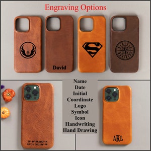 May include: Six different leather phone cases with various engravings. The cases are brown, tan, and dark brown. The engravings include a Star Wars logo, the name "David", a Superman logo, a compass with the words "Seattle Mariners", and the initials "AKL".