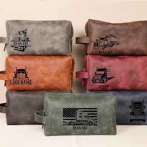 Custom Truck Drivers Retirements Gift, Personalized Leather Toiletry Bag Mens, Fathers Day Gift for Truck Driver, Travel Bag for Dad Father