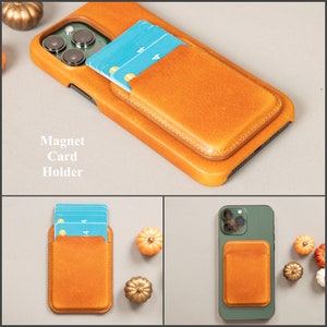 May include: A brown leather phone case with a built-in card holder. The case has a magnetic closure and is designed to hold multiple cards. The text "Magnet Card Holder" is printed on the case.
