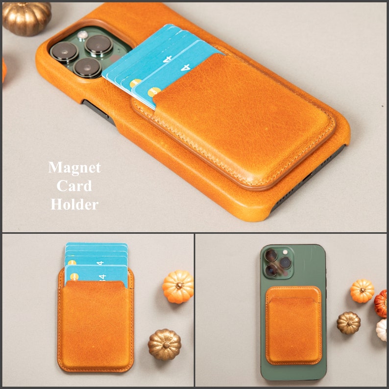 May include: A brown leather phone case with a built-in card holder. The case has a magnetic closure and is designed to hold multiple cards. The text "Magnet Card Holder" is printed on the case.