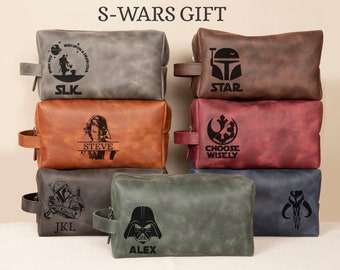 Personalized S Wars Inspired Leather DoppKit Bag, Engraved Mens Toiletry Bag, Star W Lover Wedding Gift, Fathers Day Gift for Husband Him