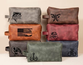 Custom Christmas Gift for Fisherman Dad Husband Father, Fishing Gift Men, Fishing Dopp Kit Bag, Leather Toiletry Bag, Handmade Fishing Gift