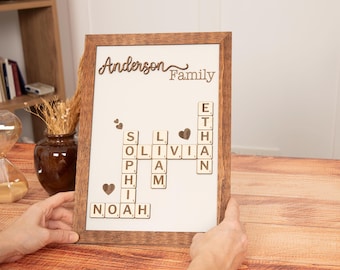 Gift for Mom, Family Scrabble Tile Name Sign, Unique Family Gift, Wood Family Name Crossword Puzzle, Wall Art Living Room Birthday Gift Nana