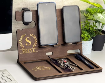 Personalized Wood Docking Station: Desk Organizer with Phone Stand, Christmas gift for him