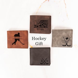 Cartera con nombre de hockey personalizada, regalos para jugadores de hockey, cartera de cuero personalizada para entrenadores de hockey, regalos para él, billetera con monograma de hockey genial, regalo para hombres