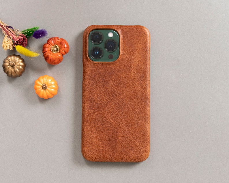 May include: A brown leather phone case with a green camera lens cutout. The case has a textured surface.