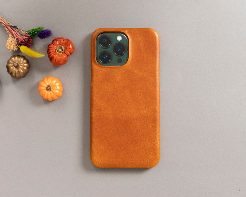 May include: A brown leather phone case for an iPhone with a camera cutout. The case has a textured surface.