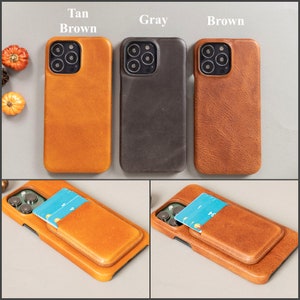 May include: Three leather phone cases in tan, gray, and brown. The cases are shown next to each other. Below the cases are two images of the same phone case with a card holder. The card holder is on the back of the phone case and is made of the same leather as the phone case.