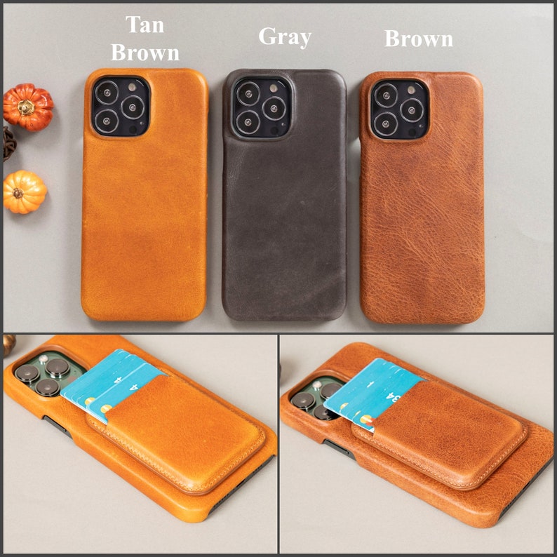 May include: Three leather phone cases in tan, gray, and brown. The cases are shown next to each other. Below the cases are two images of the same phone case with a card holder. The card holder is on the back of the phone case and is made of the same leather as the phone case.