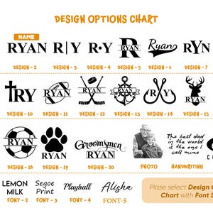 May include: Design options chart for a personalized gift. Choose from a variety of designs, including initials, names, and symbols. Select a font style from Times New Roman, Lemon Milk, Segoe Print, Playball, or Alisha.