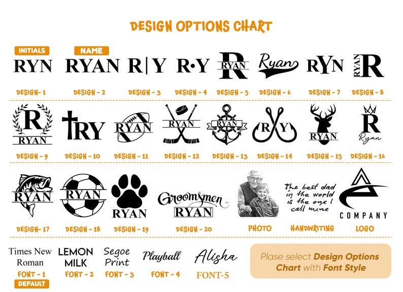 May include: Design options chart for a personalized gift. Choose from a variety of designs, including initials, names, and symbols. Select a font style from Times New Roman, Lemon Milk, Segoe Print, Playball, or Alisha.