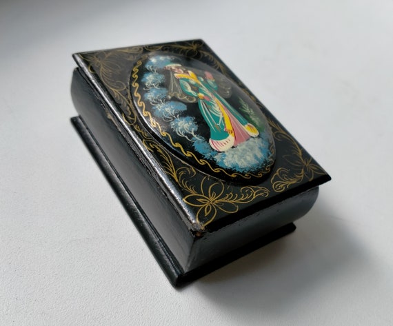 Palekh Lacquered Jewelry Box Vintage Soviet Small… - image 3
