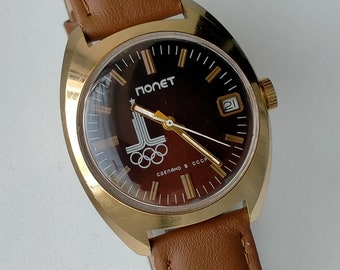 Poljot 2614.2N Olympische Spelen. Verguld AU10. Origineel Vintage Sovjet mechanisch stijlvol groot horloge. Begin jaren tachtig