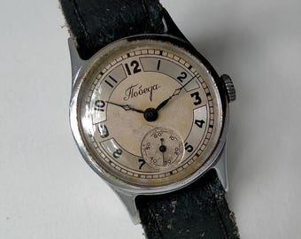 Pobeda 2602. Model 119-K. Oryginalny radziecki klasyczny mechaniczny mały zegarek męski. 1950 r.