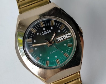 Slava 2428. Pozłacany AU5. Model 383591. Oryginalny, zabytkowy, radziecki, mechaniczny, luksusowy, stylowy zegarek. Lata 80.