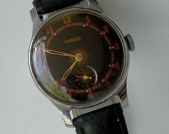 Pobeda 2602. Rubies on Dial. Vintage Original Soviet Rare Classic Mechanical Watch. PChZ 1957