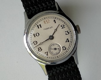 Pobeda 2602. Red 12. Original Vintage Band. Vintage Original Collectible Soviet Early Mechanical Classic Watch. ChChZ 1952
