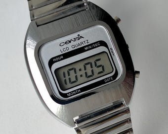 Kwarcowy zegarek Centia LCD. Oryginalny, w pełni cyfrowy, stylowy zegarek vintage z lat 80. XX wieku.