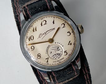 Sputnik 2603. Model 200CHN, wzór II. Oryginalny radziecki pasek. W pełni oryginalny, rzadki radziecki zegarek mechaniczny z epoki. 1959.