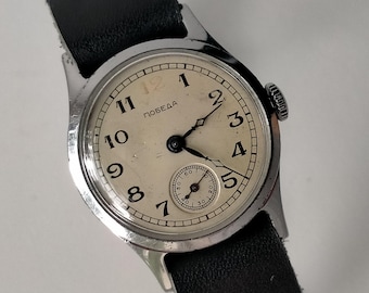 Pobeda 2602. Red 12. Model CHN-26K. Vintage Original Early Soviet Mechanical Classic Watch. ChChZ 1951